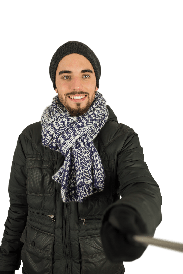 Smiling Biracial Man Taking Selfie with Stick Transparent Background