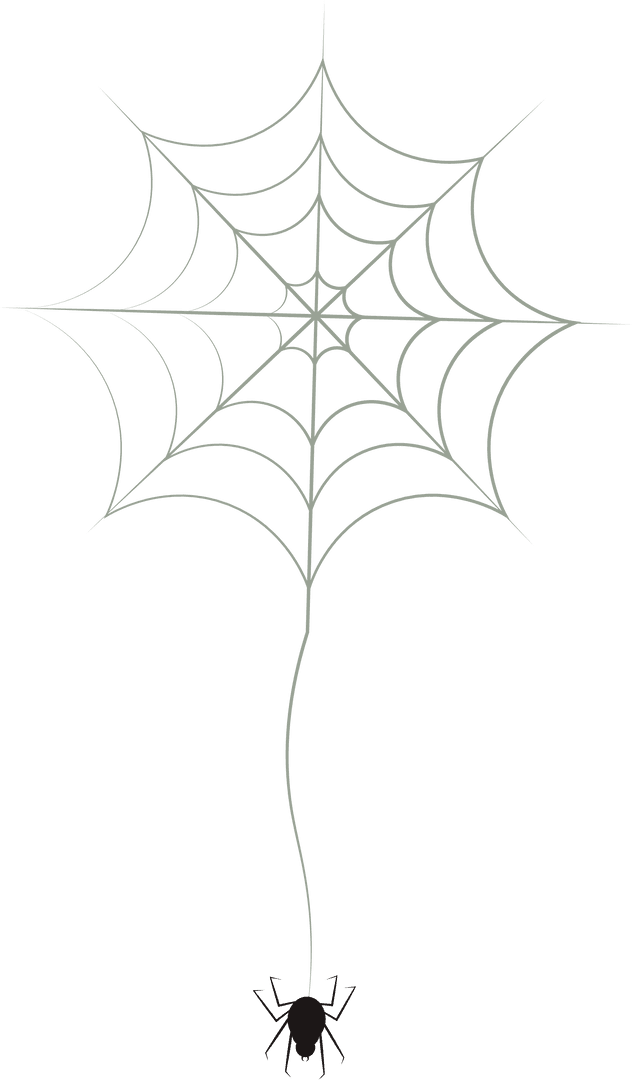 Black Spider Dangling from Web on Transparent Background