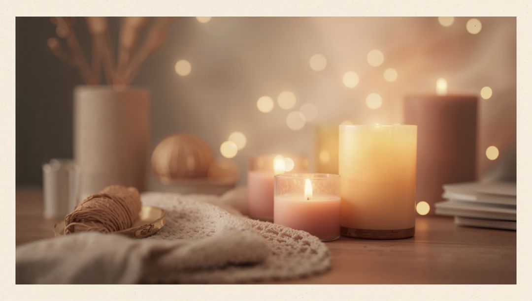Warm Hygge Candle Vignette with Knit Throw and Soft Bokeh Lights
