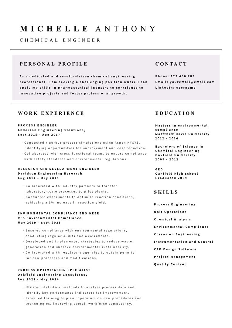 Chemical Engineer Resume Layout with Professional Design and Clean Typography - Download Free Stock Templates Pikwizard.com