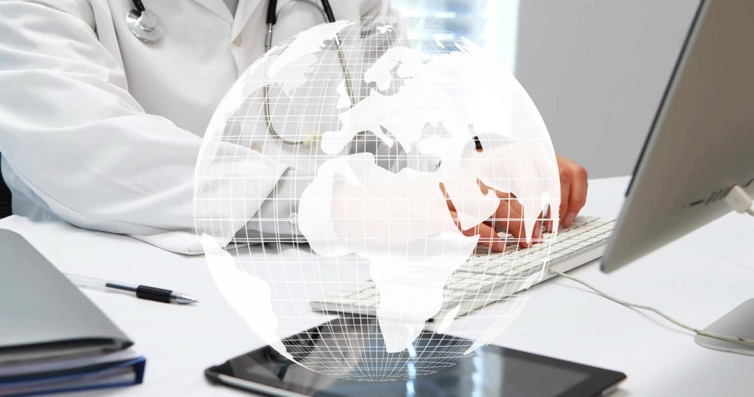 Doctor Engaging in Digital Consultation with Globe Overlay
