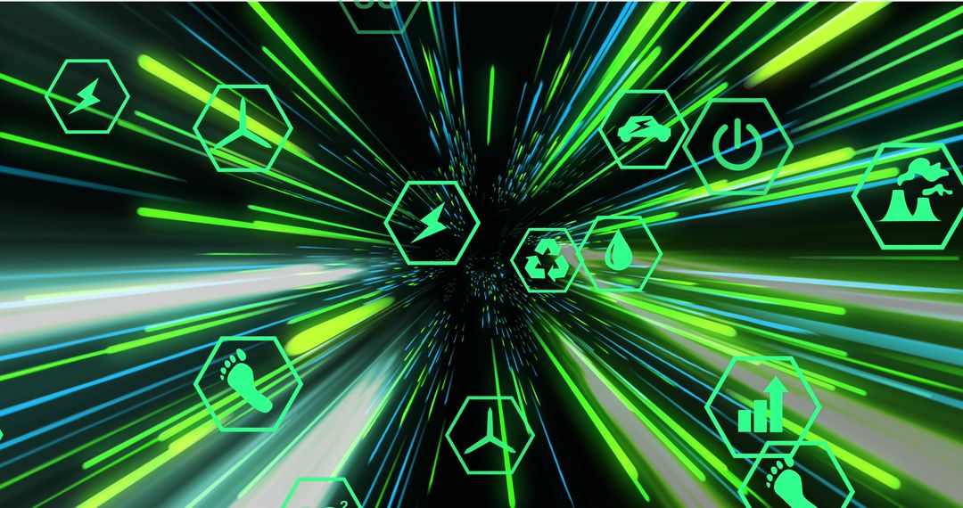 Digital Ecosystem with Renewable Icons and Neon Light Trails