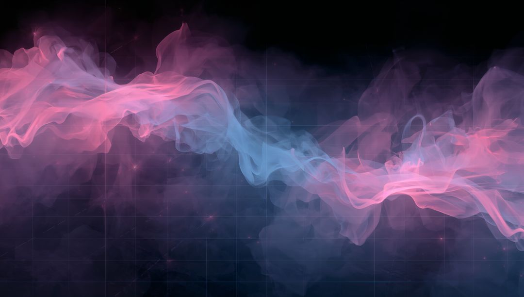 Flowing Translucent Pink Blue Smoke Ribbon Across Digital Grid Featuring Neon Cosmic Glow