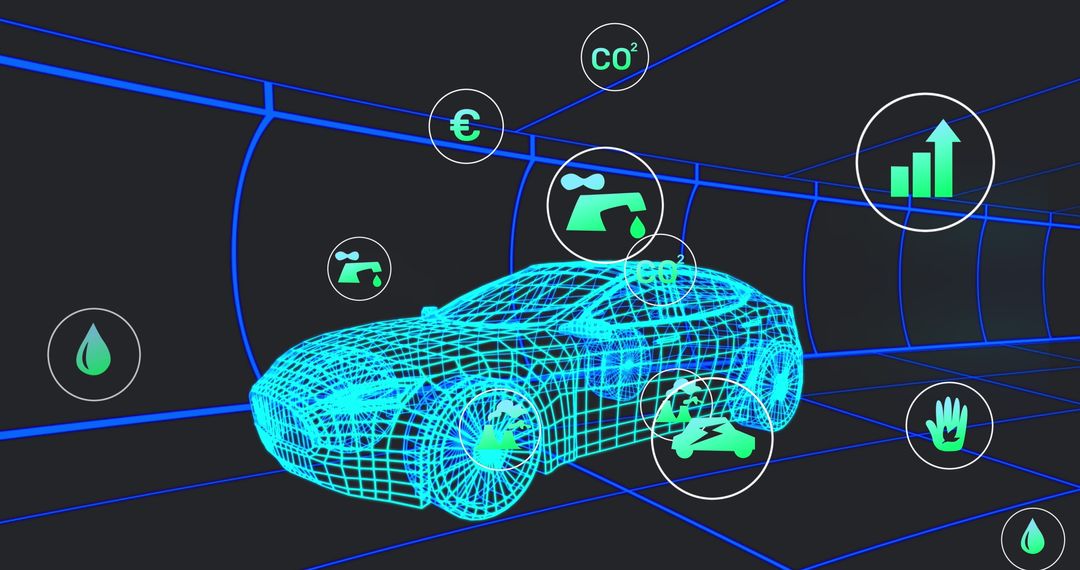 Digital Icons Overlaying 3D Car Model Representing Technology
