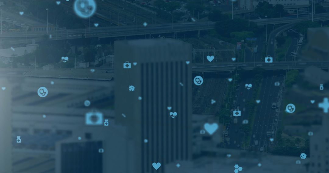 Digital Icons Overlaying Modern Cityscape Showcasing Global Connectivity