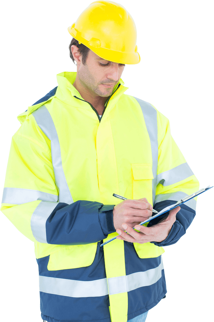 Male Construction Worker Writing Checklist on Transparent Background