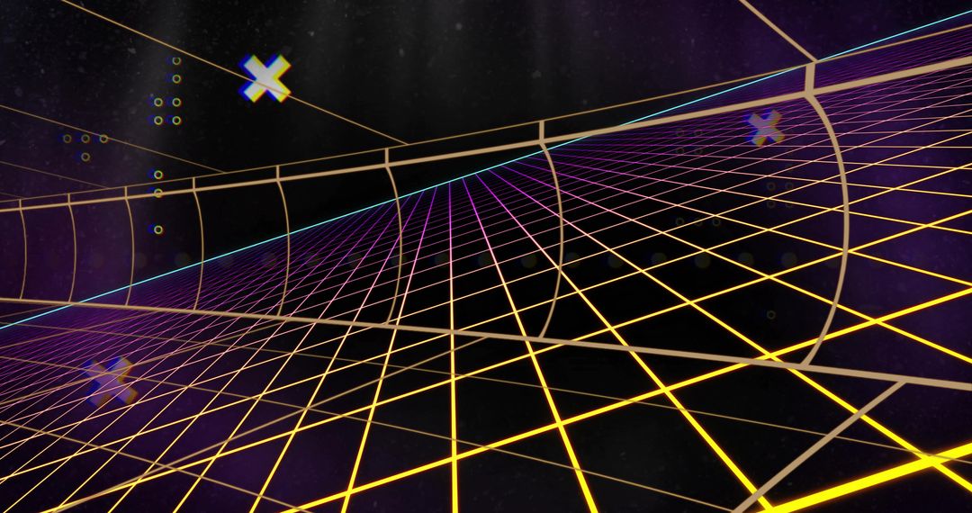 Futuristic Neon Grid Tunnel with Floating Shapes