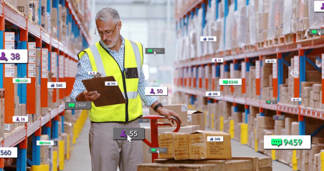 Warehouse Worker Inspecting Inventory with Digital Interface