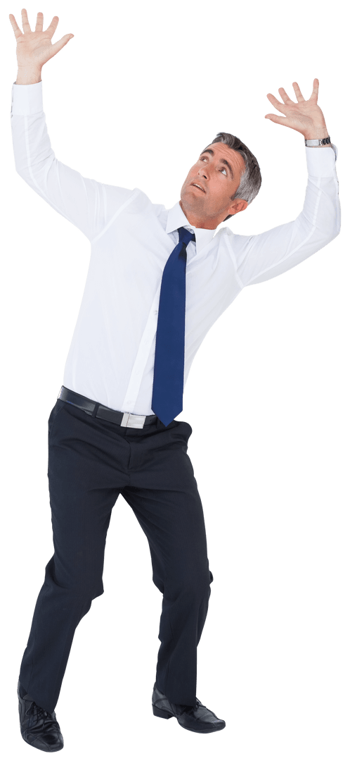 Businessman in Suit Lifting Palms Upwards Transparent Background