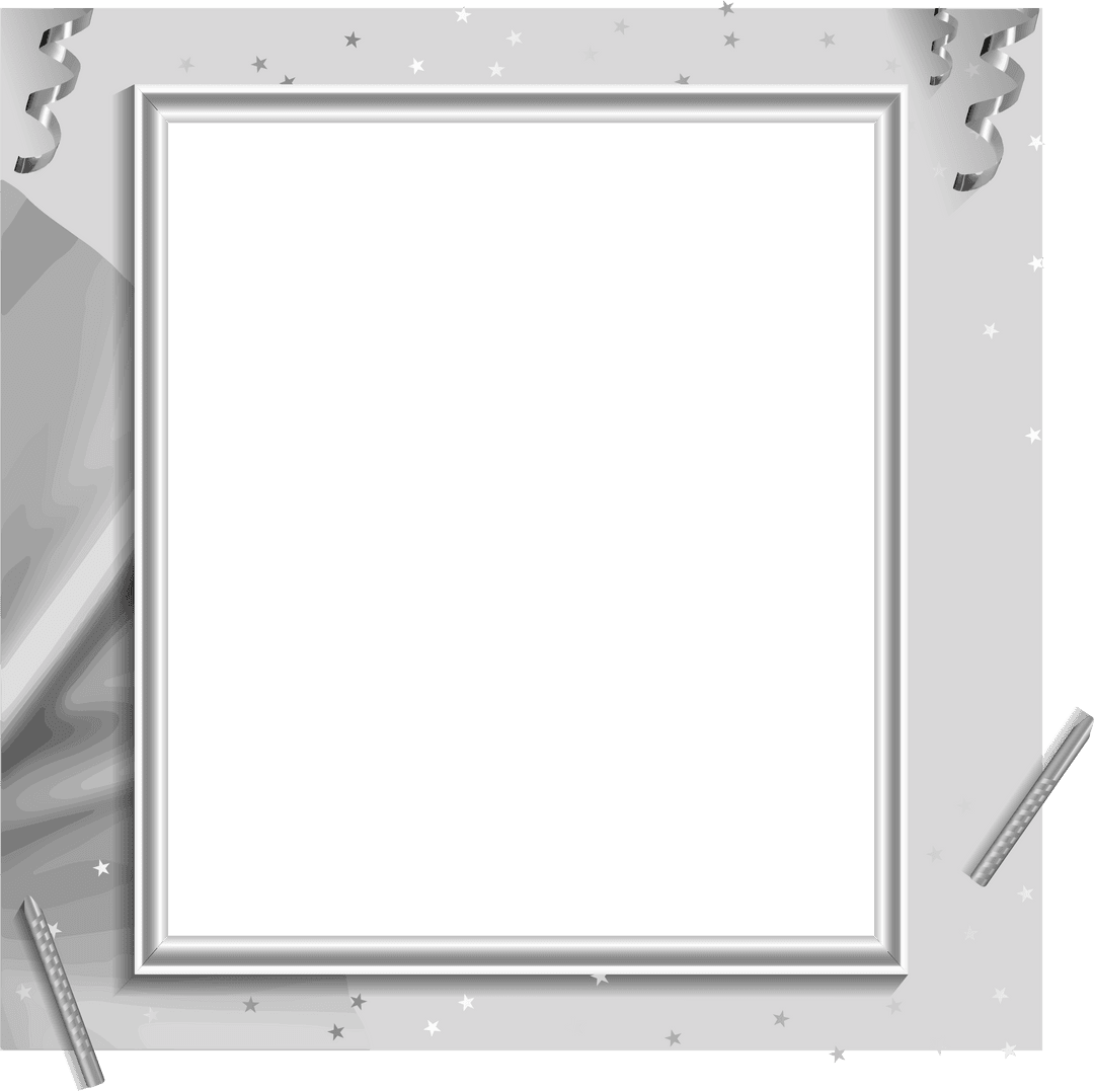 Elegant Silver Frame with Ribbons and Stars on Transparent Background