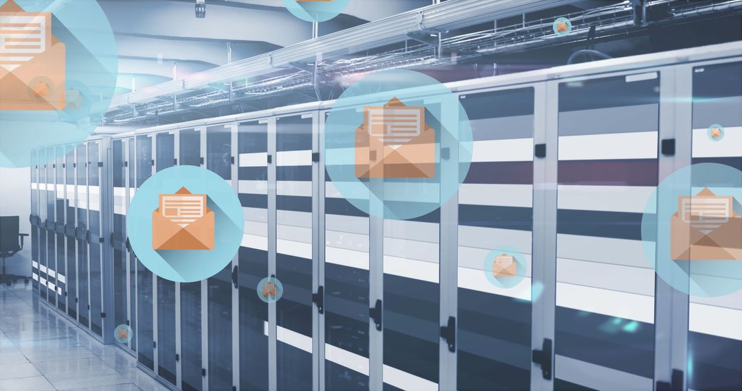 Digital Communication Icons in Modern Server Room