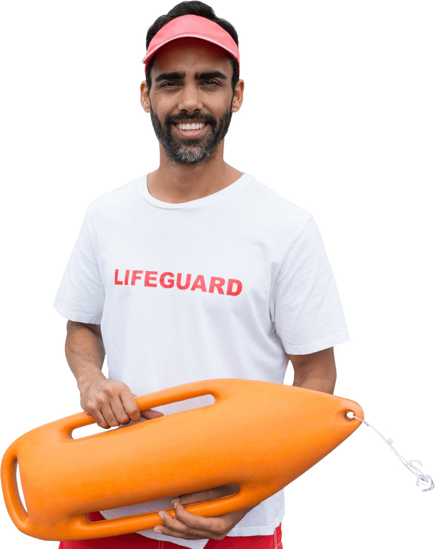 Smiling Lifeguard Holding Orange Rescue Float Transparent Background