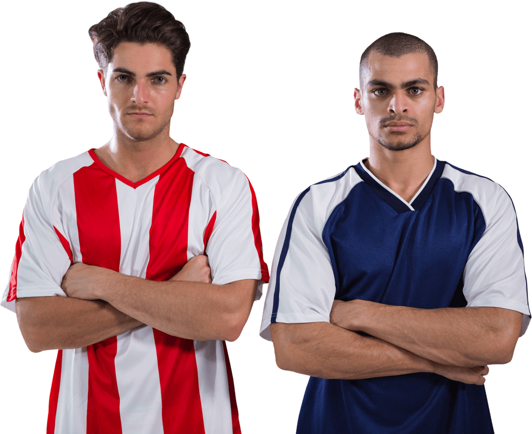 Transparent Confident Football Players With Folded Arms Jerseys Red White Blue
