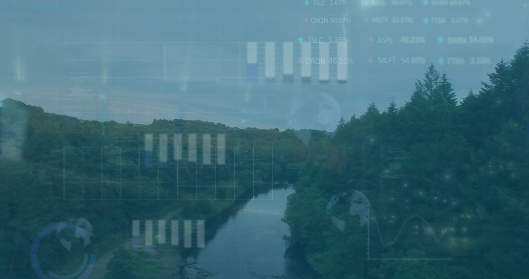 Finance Data Overlay on Serene Forest River Scene