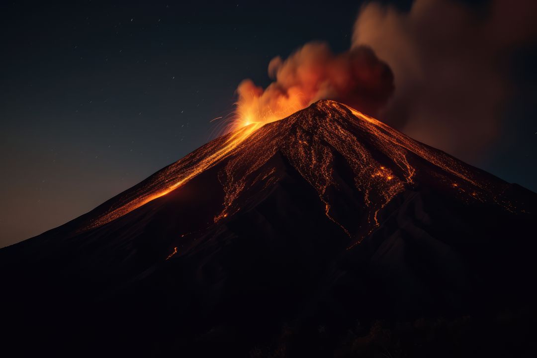 Active Vulcano Erupting at Night with Lava Flow - Free Images, Stock Photos and Pictures on Pikwizard.com