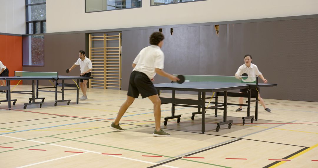 Energetic Table Tennis Match in School Gymnasium
