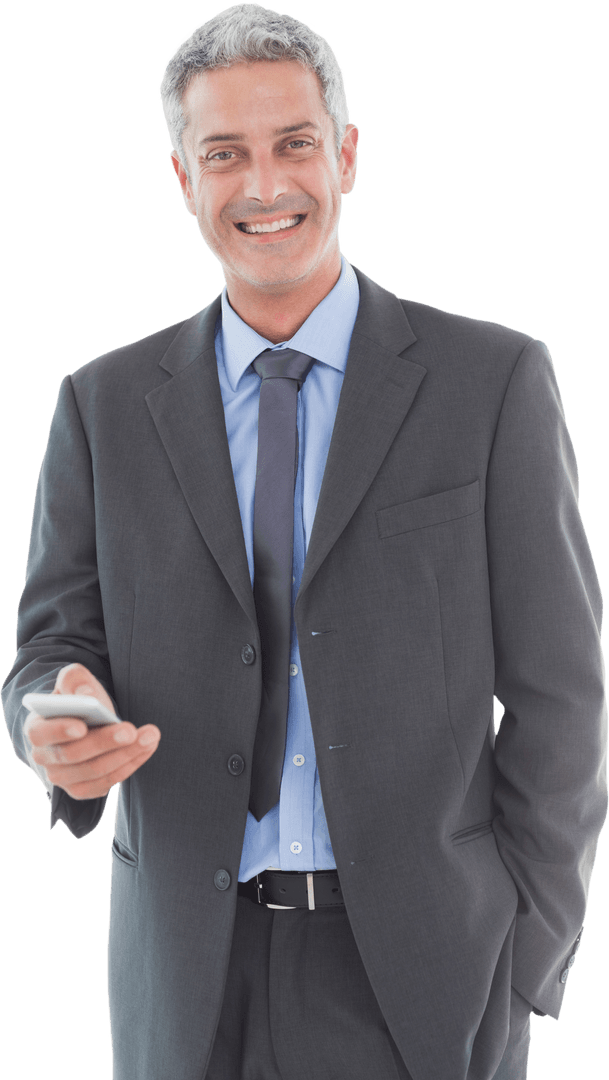Transparent Smiling Businessman Using Smartphone in Formal Suit