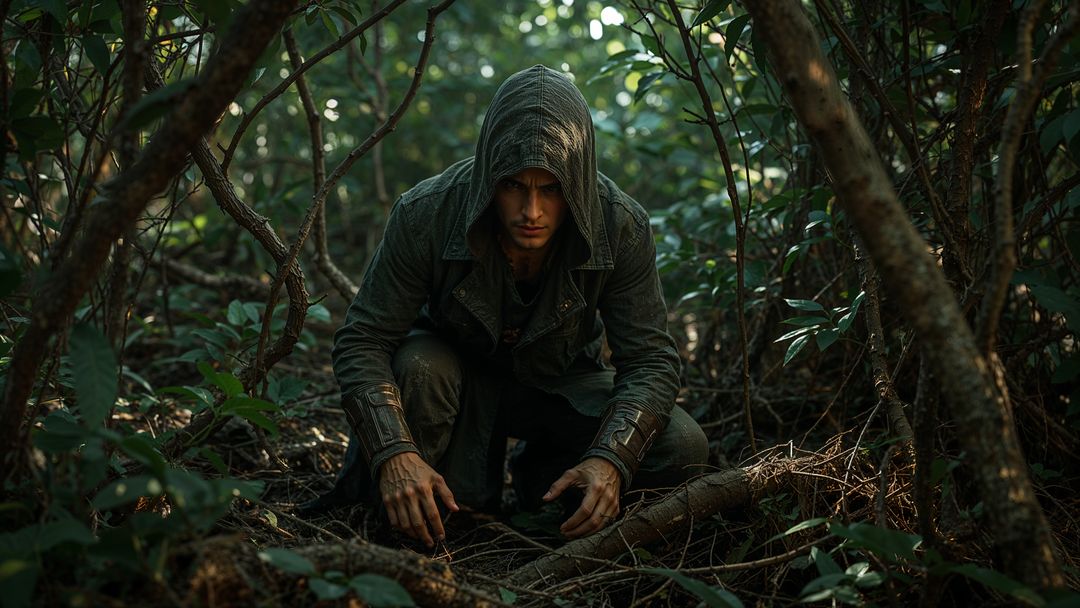 Assassin man in hooded jacket exploring dense forest on adventure journey