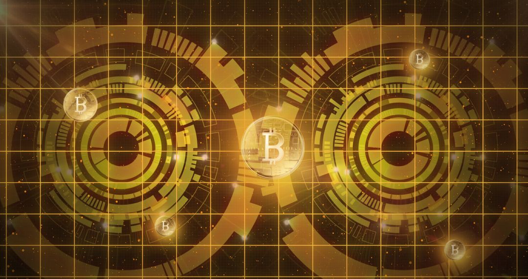 Bitcoin Symbols with Abstract Digital Interface Background