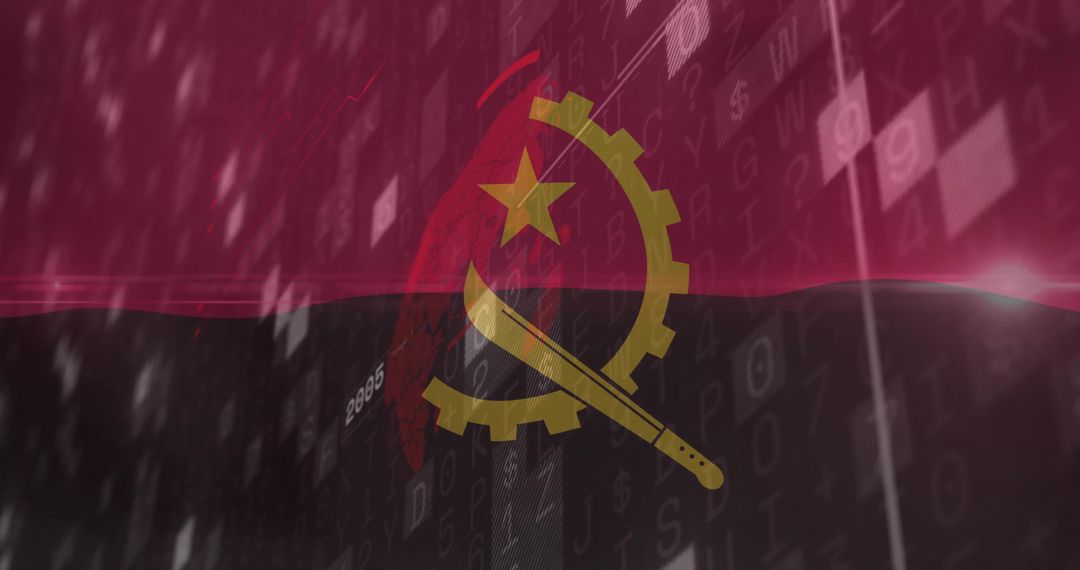 Angolan Flag Overlaid on Digital Code Background