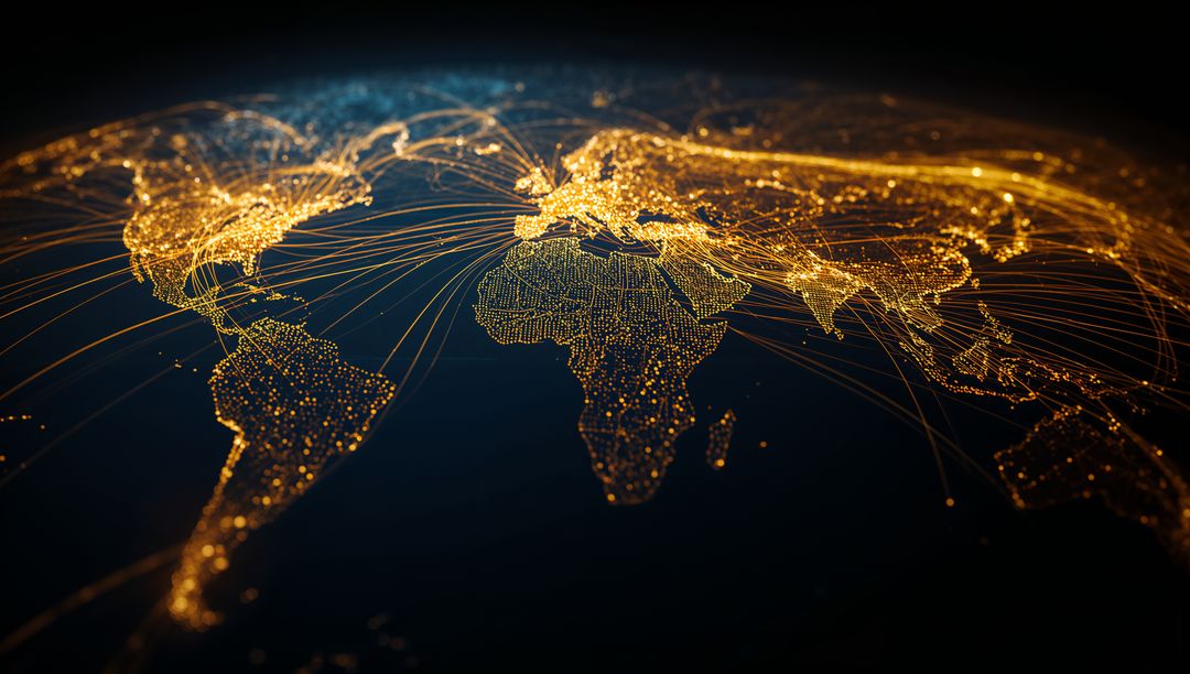Global digital network connecting cities with glowing golden data arcs across world map