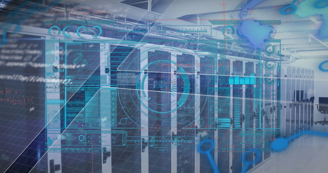 Digital Data Interface Overlaying Modern Server Room
