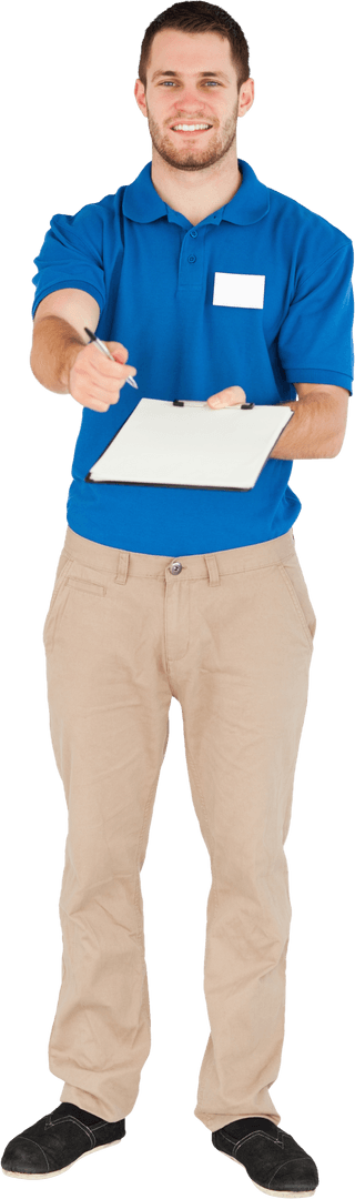 Smiling Salesman Holding Clipboard Inviting Signature Transparent