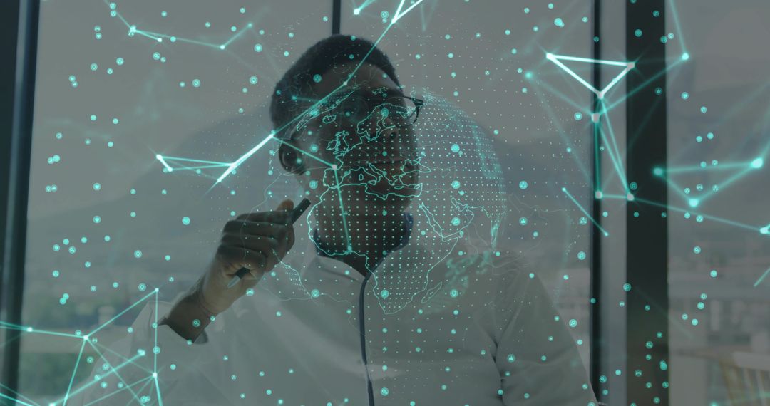 Businessman Analyzing Digital World Map and Networking Data