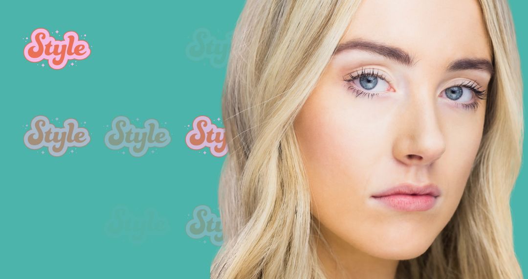 Stylish Woman with Text Overlays on Colorful Background