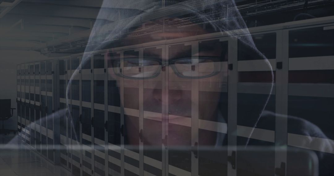 Hooded Figure Observing Data Center Infrastructure for Cybersecurity