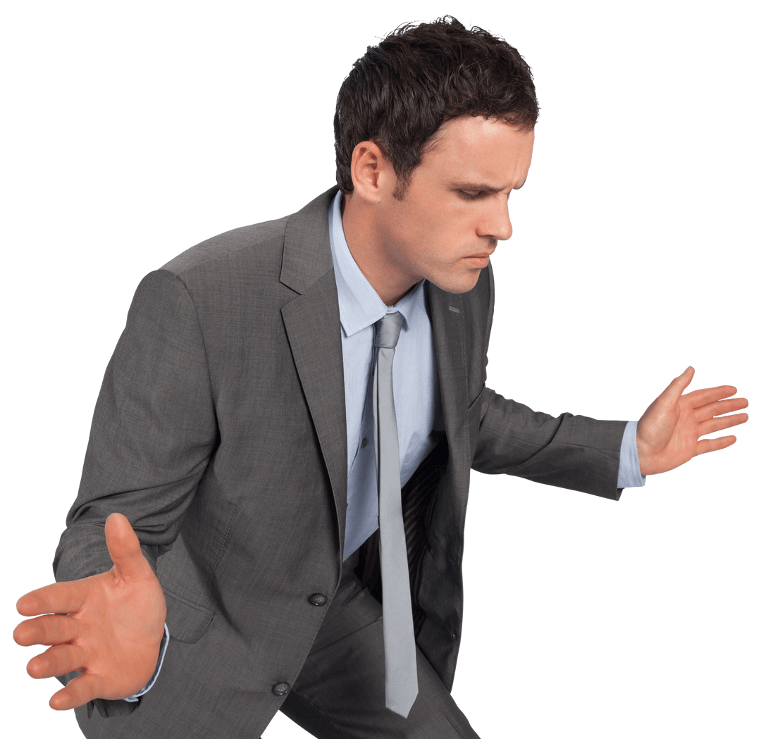 Businessman Posing Cautiously Holding Hands Out Transparently