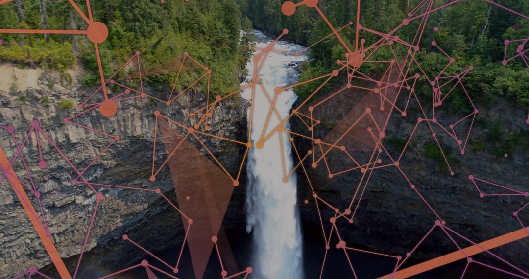 Abstract Digital Art Overlay on Waterfall in Forest Canyon