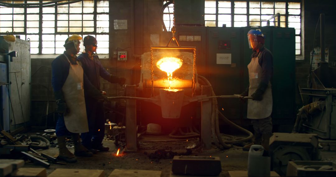 Workers Pouring Molten Metal in Foundry - Free Images, Stock Photos and Pictures on Pikwizard.com