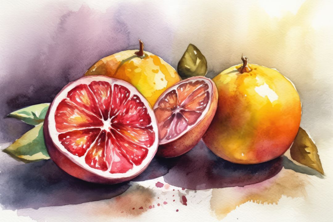 Watercolour with close up of sliced grapefruit and fruit, created using generative ai technology - Free Images, Stock Photos and Pictures on Pikwizard.com