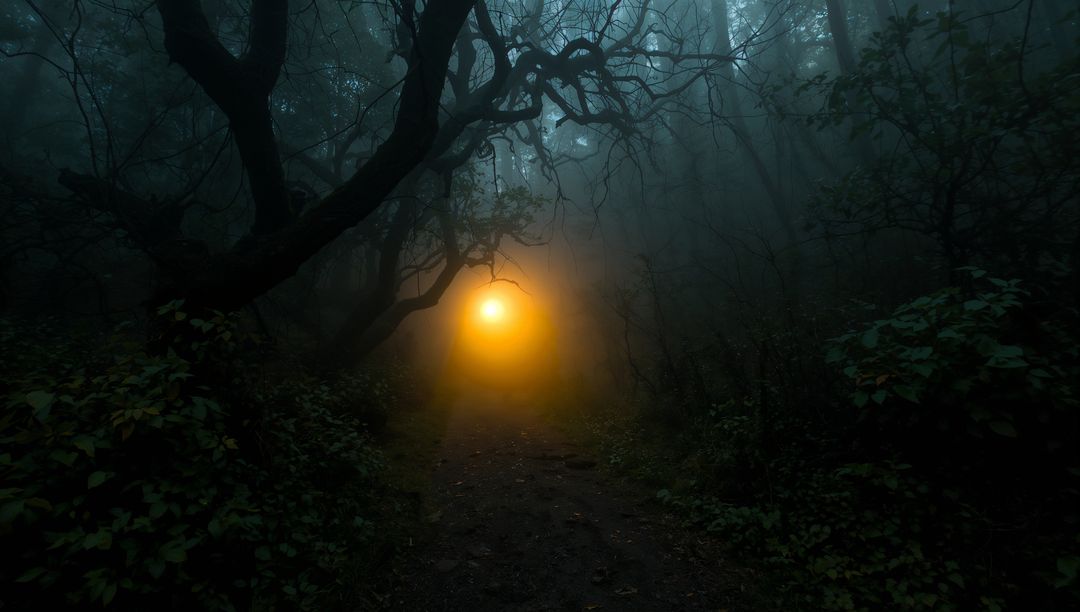 Mysterious Glowing Orb Illuminating Foggy Forest Path