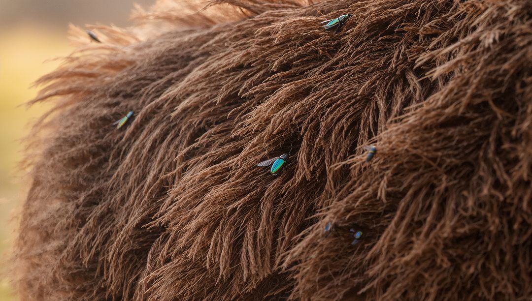 Iridescent Flies Resting on Shaggy Brown Animal Fur Close-up Macro Texture