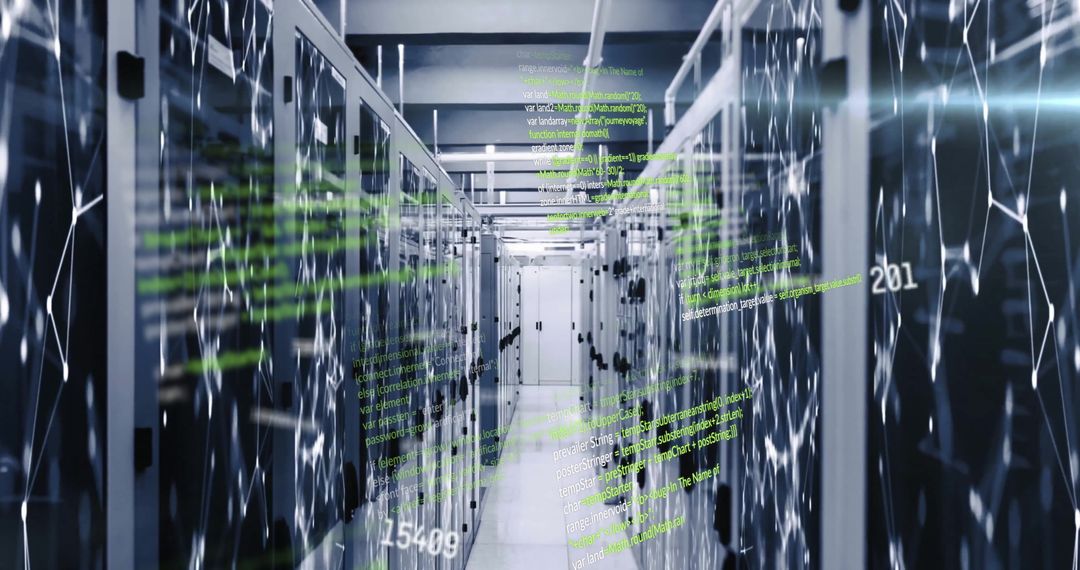 Futuristic Data Center with Digital Code Layers