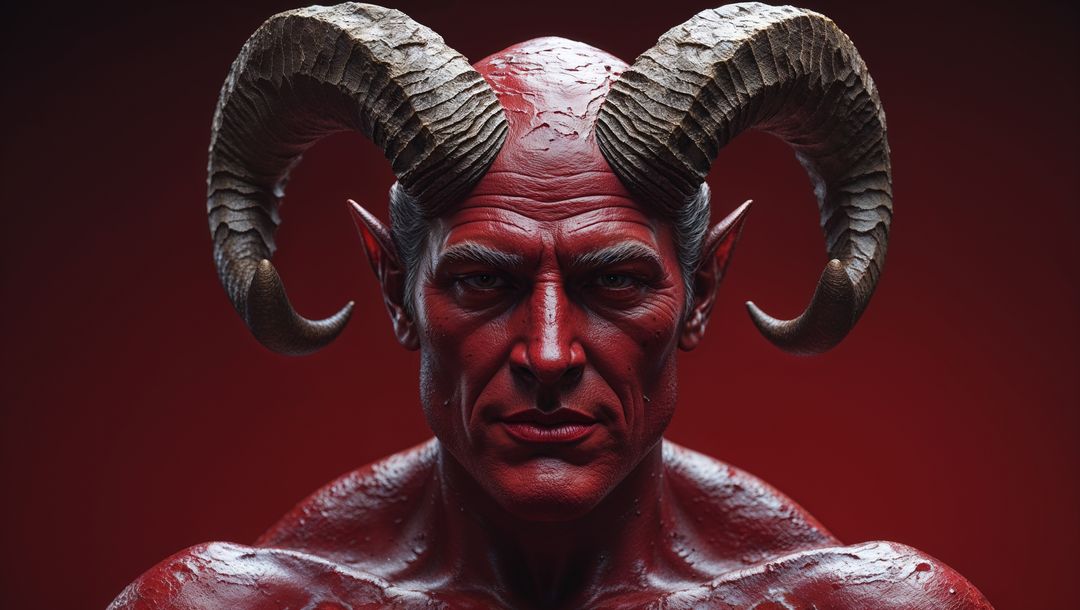 Dark art satan design with large horns and glowing red skin