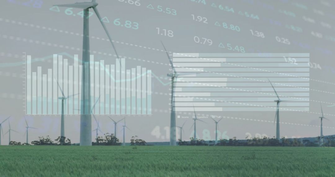 Financial Data Overlay on Wind Turbines Landscape