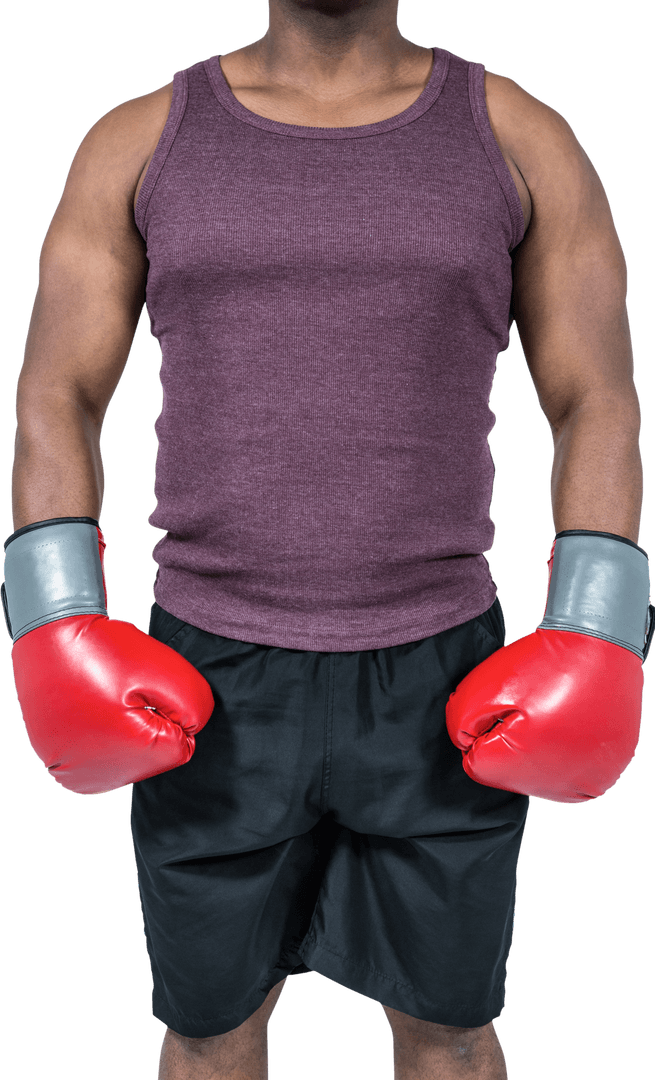 Fit Man Standing in Boxing Attire with Red Gloves Transparent Background