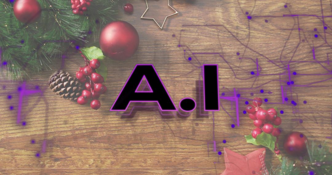 Bold AI Lettering Sitting on Rustic Wood Tabletop with Evergreen Sprigs, Red Baubles