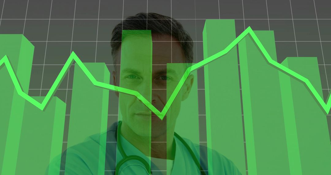Doctor blending with 3D bar chart and green trend line visualizing clinical analytics