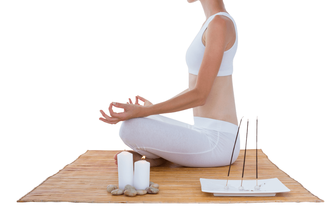 Transparent Woman Meditating on Bamboo Mat with Candles and Incense