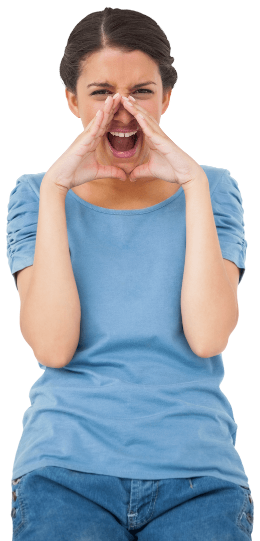 Focused Biracial Woman Shouting on Transparent Background