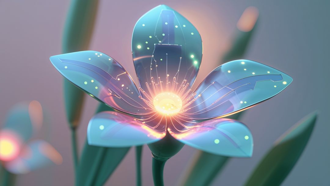 Futuristic Bioluminescent Flower with Electronic Circuit Veins