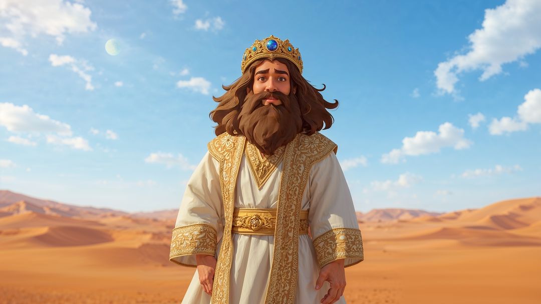 Majestic Bearded King Wearing Ornate Robe in Expansive Desert Landscape