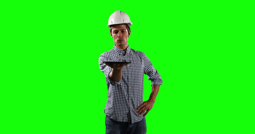 Male Engineer Holding Tablet Device on Green Screen Background - Free Images, Stock Photos and Pictures on Pikwizard.com