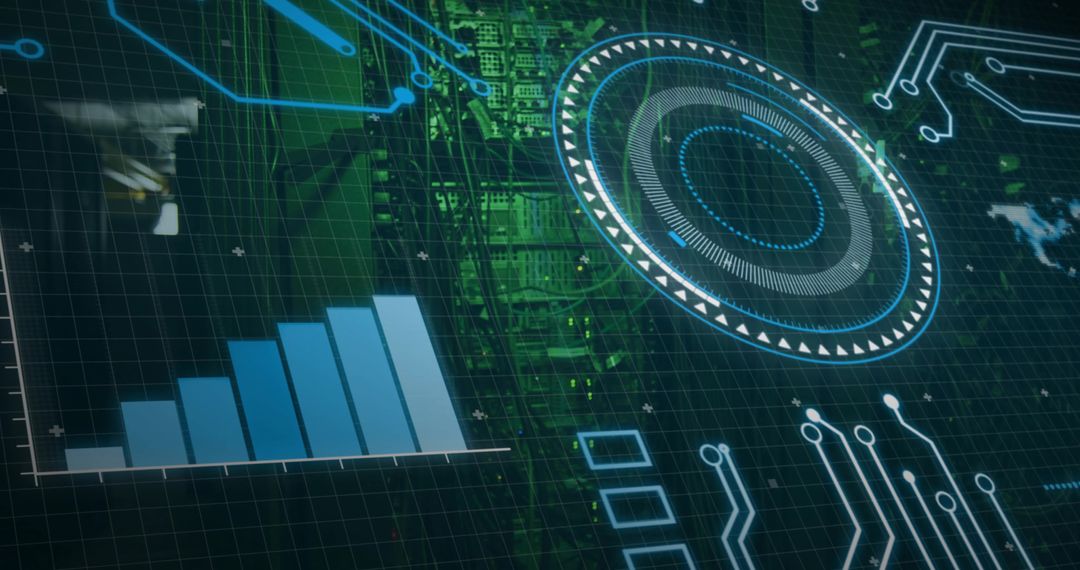 Displaying digital HUD overlaying data center racks with blue bar chart and circular gauge