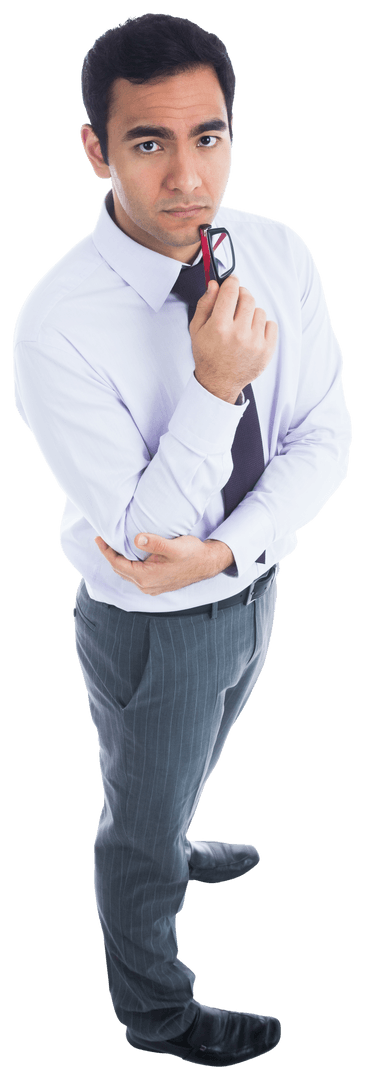 Biracial Businessman Posing Thoughtfully on Transparent Background