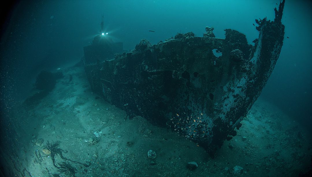 Deep Sea Shipwreck Bow Illuminated by Light, Rusted Hull with Barnacles and Schooling Fish